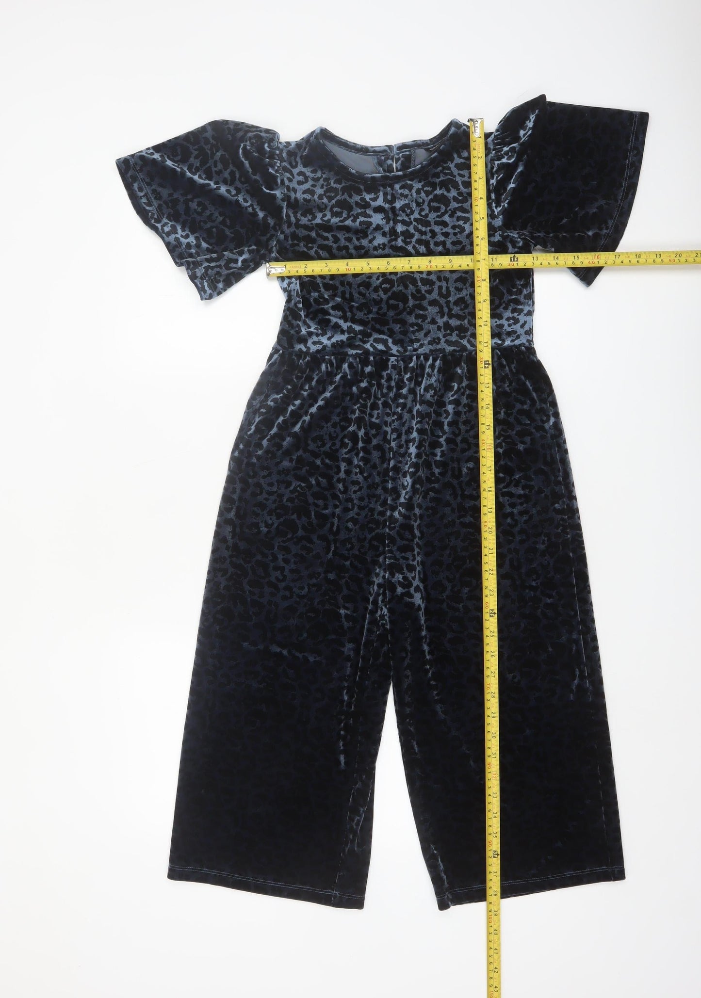 Next Girls Blue Velvet Leopard Print Jumpsuit 7 Years Short Sleeve Party Wear