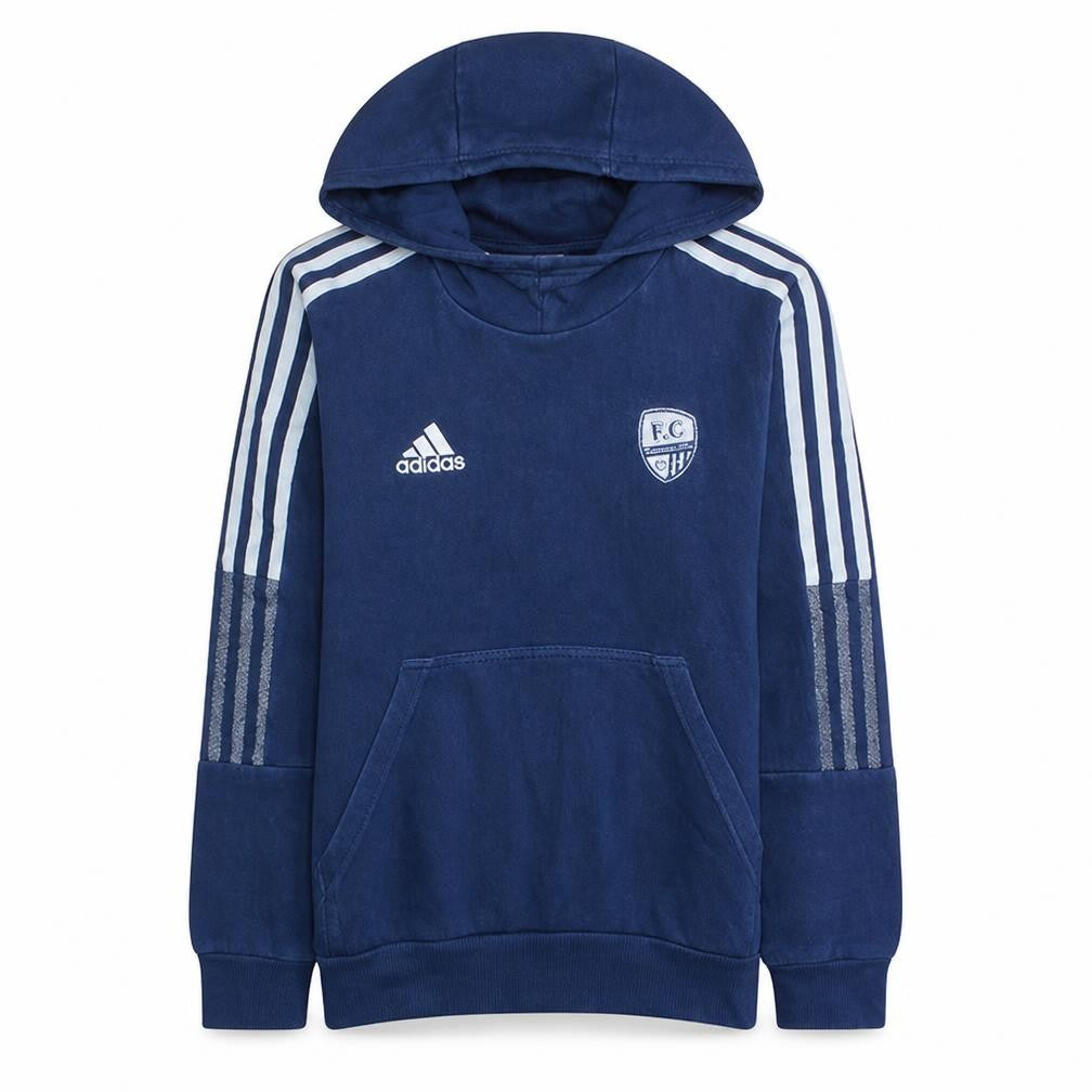 Front view of Adidas boys’ blue pullover hoodie 13-14 years f.c. logo sportswear