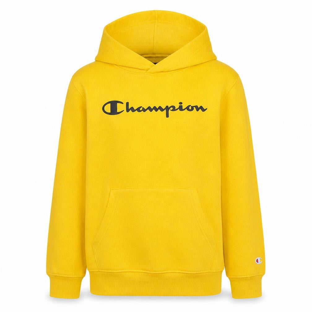 Front view of Champion boys’ yellow pullover hoodie 13-14 years graphic fleece sweatshirt