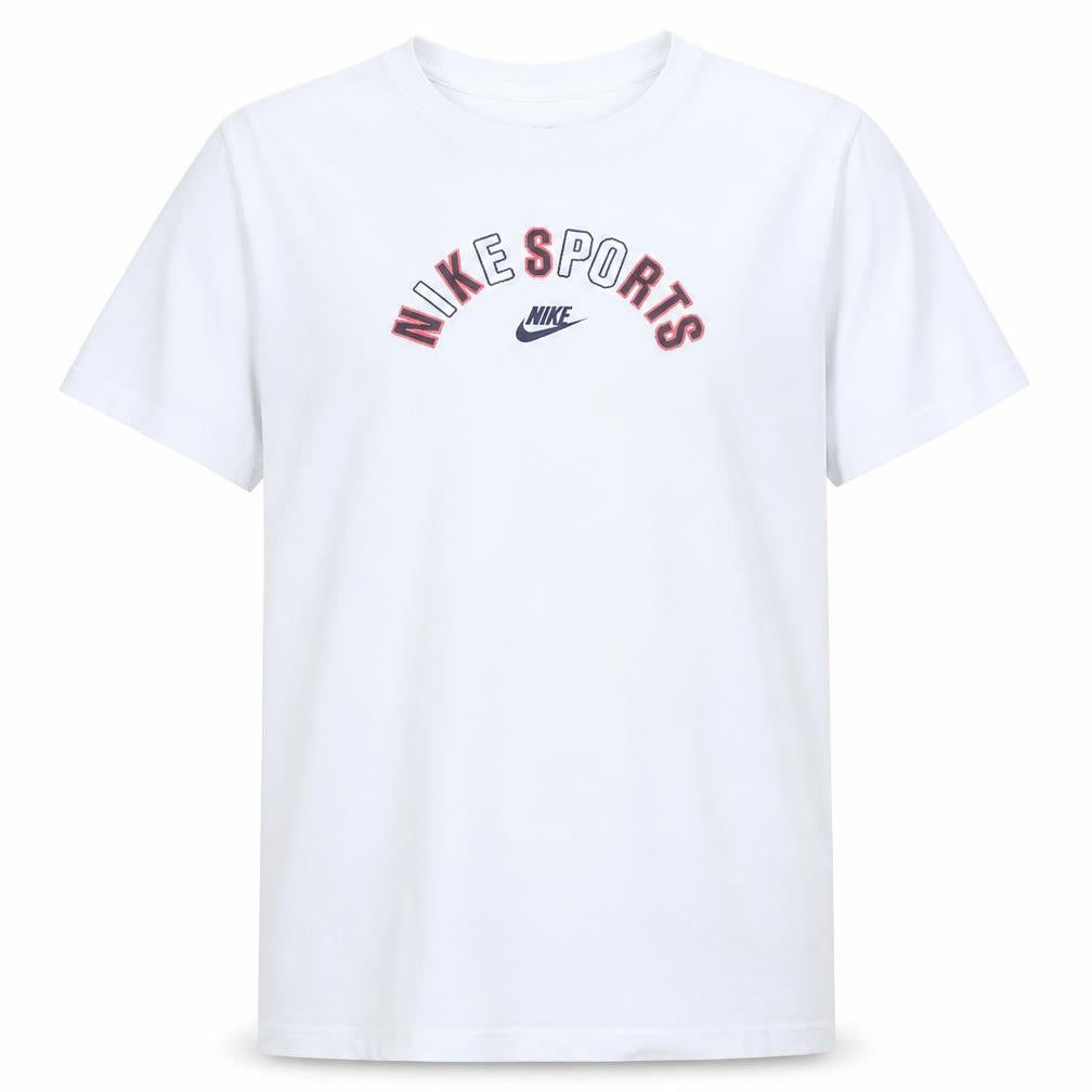 Front view of Nike boys’ white xl sports logo short sleeve cotton t-shirt
