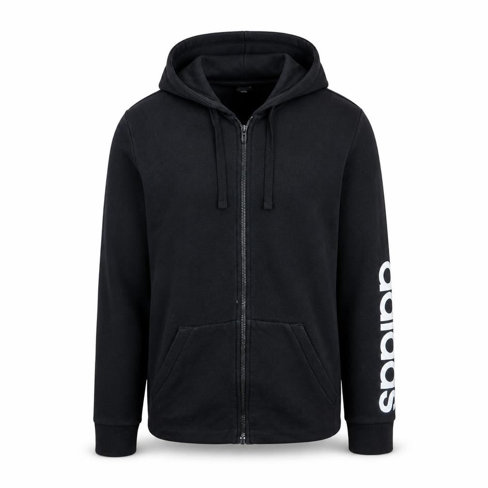 Front view of Adidas Men's Black Full Zip Hoodie M Cotton Blend Casual Sportswear