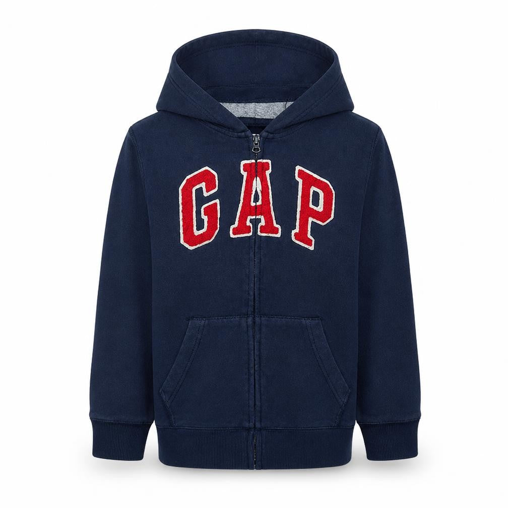 Front view of Gap boys’ blue full zip fleece hoodie 10-11 years with logo design