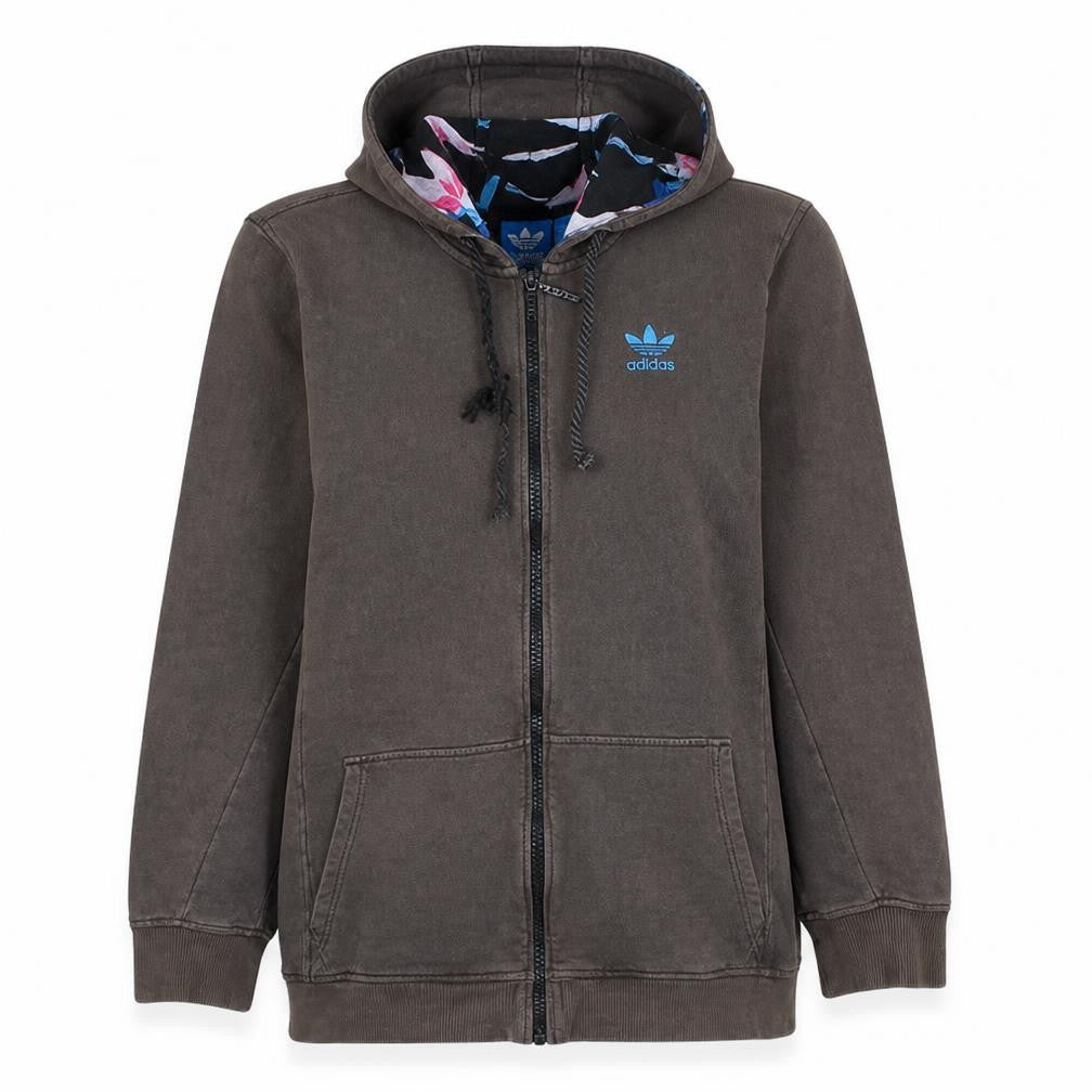 Front view of Adidas women’s brown full zip hoodie l floral lined hood casual
