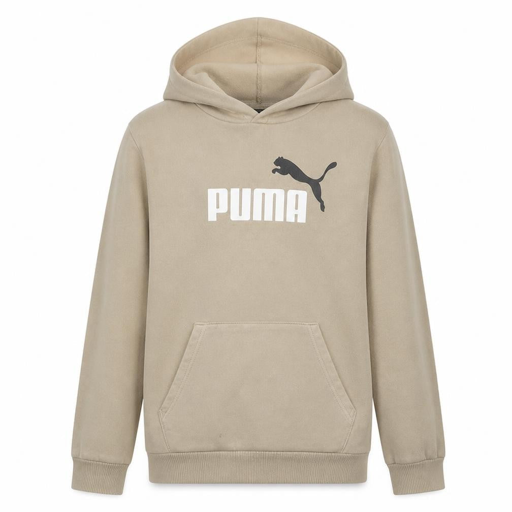 Front view of Puma boys’ beige pullover hoodie 15-16 years logo classic fleece sweatshirt