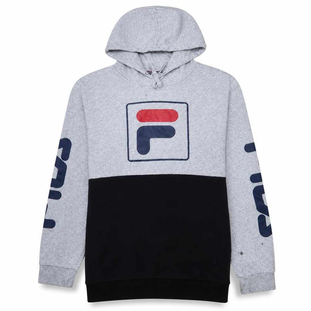 Fila Men's Grey Black Pullover Hoodie Small Logo Fleece Sweatshirt