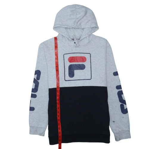 FILA Men's Grey Black Pullover Hoodie Small Logo Fleece Sweatshirt
