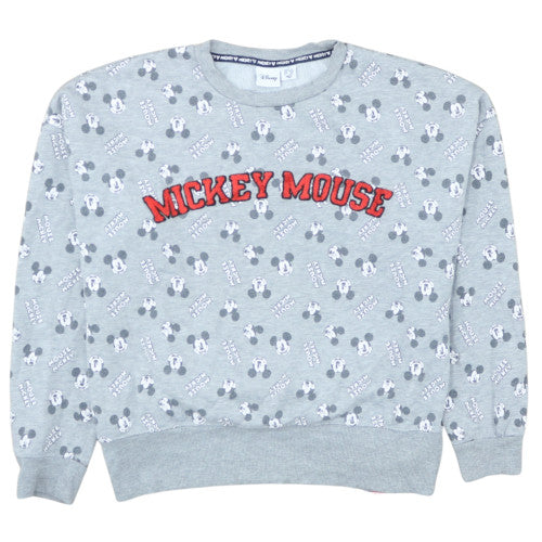 Front view of Disney Women Grey Mickey Mouse Pullover Sweatshirt, size S, 10/12