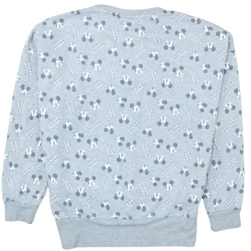 Brand and care label for Disney Women Grey Mickey Mouse Pullover Sweatshirt, size S, 10/12
