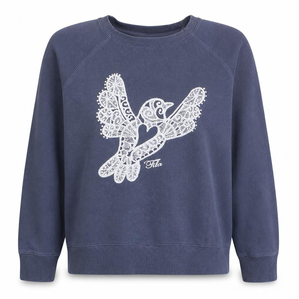 Fila Womens Blue Cotton Blend Pullover Sweatshirt Size L Graphic Bird Print