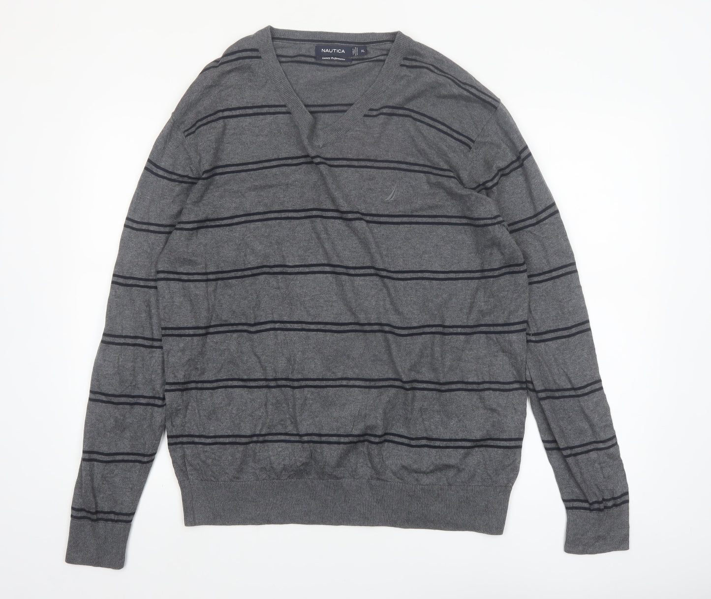 Nautica Men's Grey Striped V-Neck Cotton Modal Jumper XL
