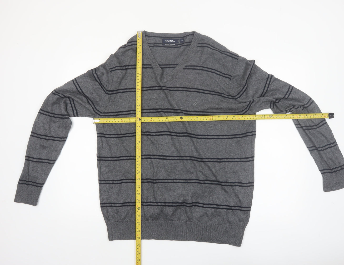 Nautica Men's Grey Striped V-Neck Cotton Modal Jumper XL