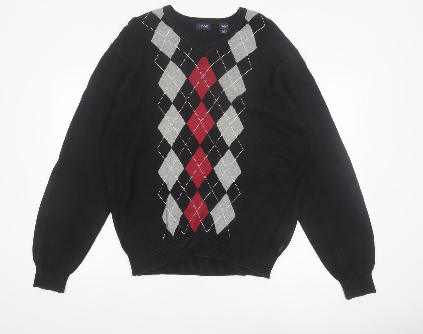 IZOD Men's Black Argyle V-Neck Cotton Pullover Jumper L