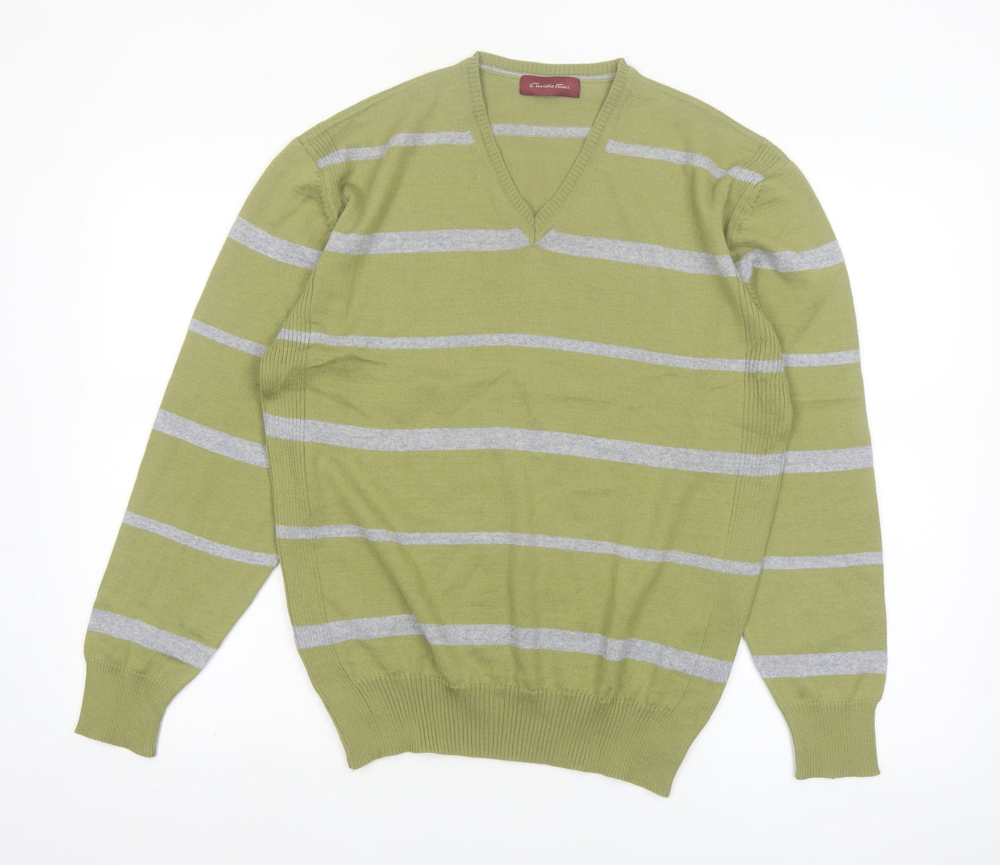 Emidio Tucci Men's Green Striped V-Neck Cotton Jumper Size L