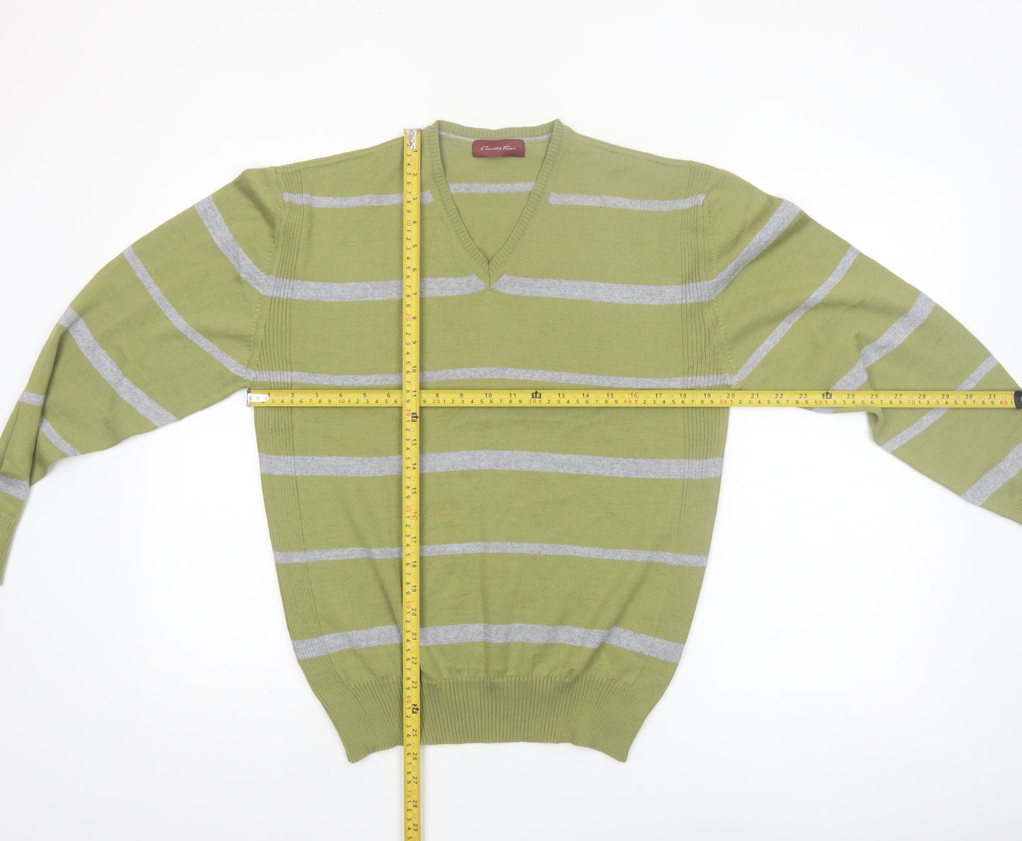 Emidio Tucci Men's Green Striped V-Neck Cotton Jumper Size L