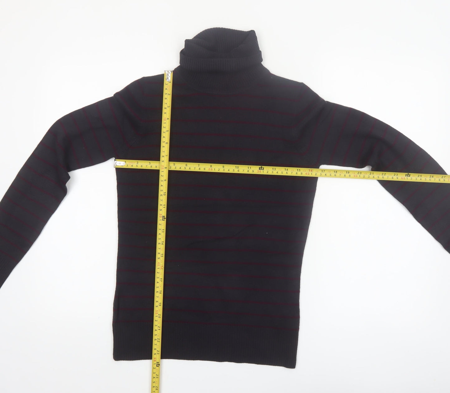 French Connection Men's Black Striped Roll Neck Slim Fit Jumper Size M