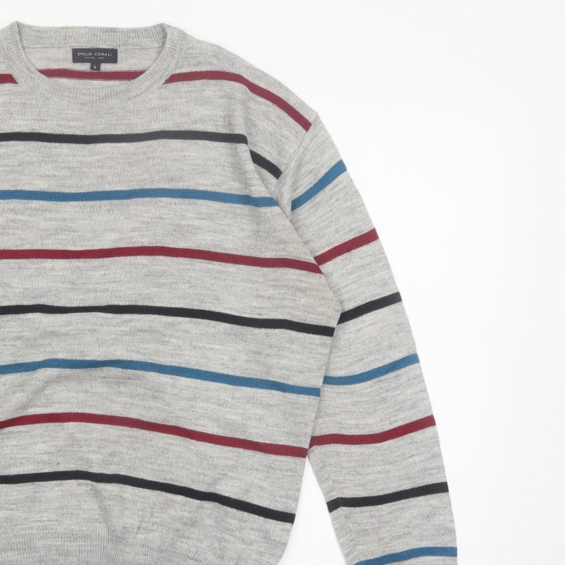Additional view of Emilio Corali Men’s Grey Striped Crew Neck Knit Jumper, size L