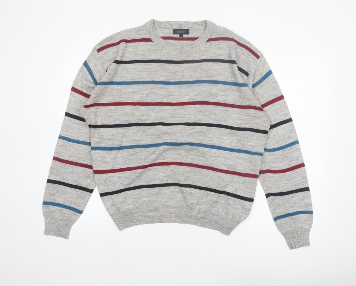 Back view of Emilio Corali Men’s Grey Striped Crew Neck Knit Jumper, size L