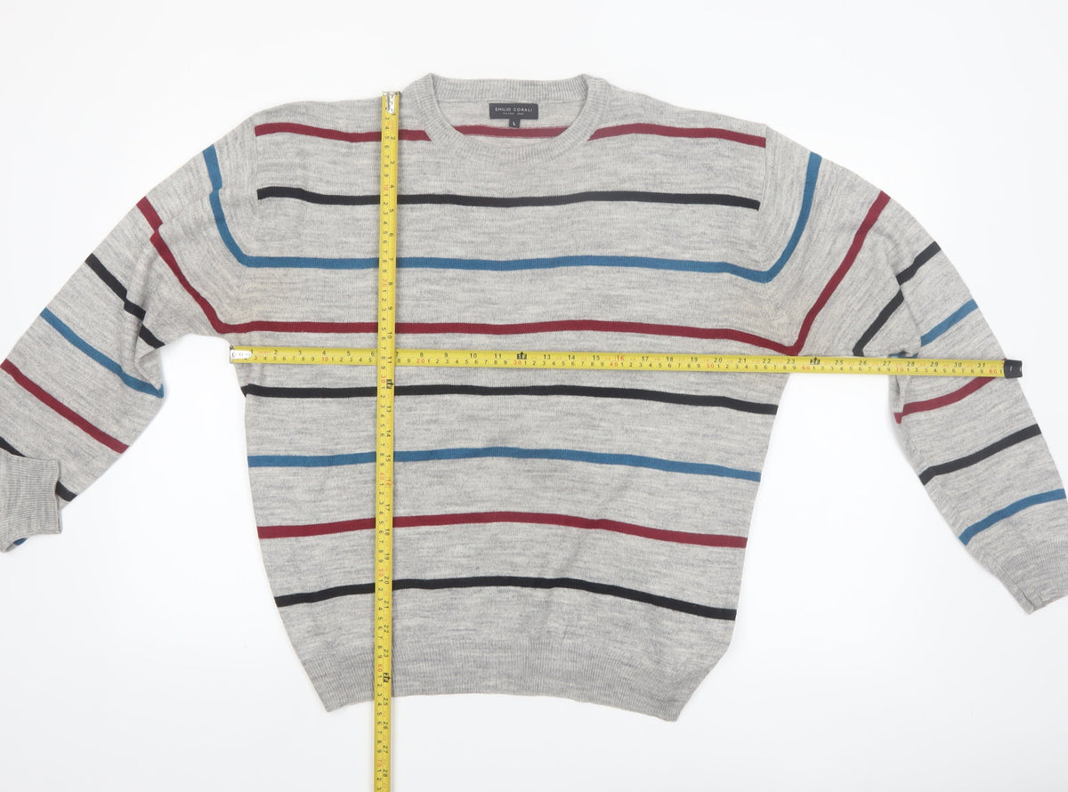 Close-up detail of Emilio Corali Men’s Grey Striped Crew Neck Knit Jumper, size L