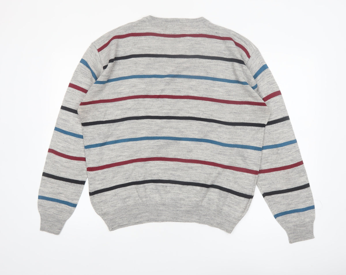 Brand and care label for Emilio Corali Men’s Grey Striped Crew Neck Knit Jumper, size L