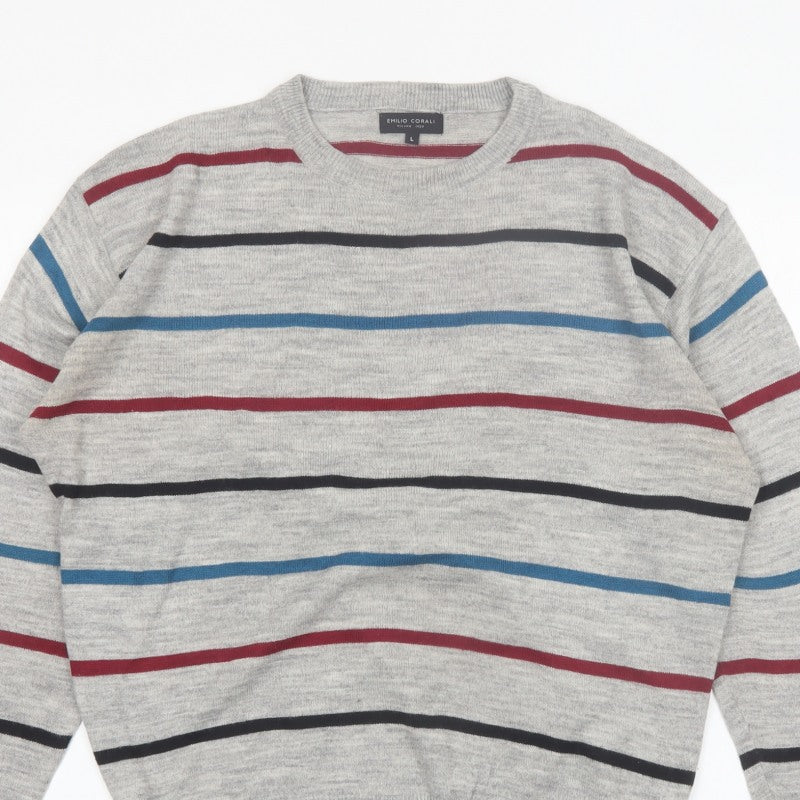 Additional view of Emilio Corali Men’s Grey Striped Crew Neck Knit Jumper, size L