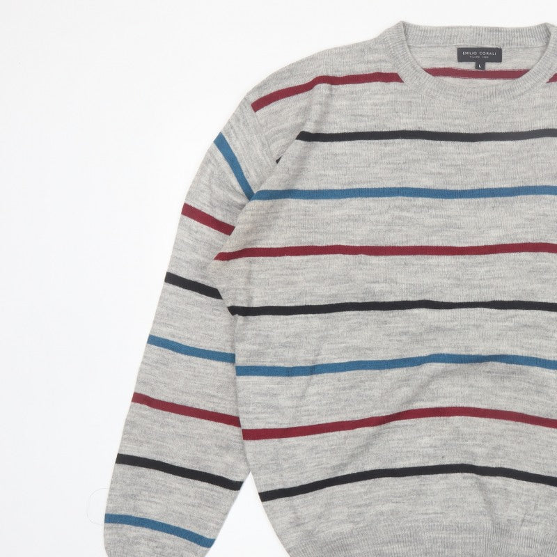 Additional view of Emilio Corali Men’s Grey Striped Crew Neck Knit Jumper, size L