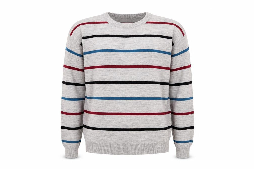 Front view of Emilio Corali Men’s Grey Striped Crew Neck Knit Jumper, size L