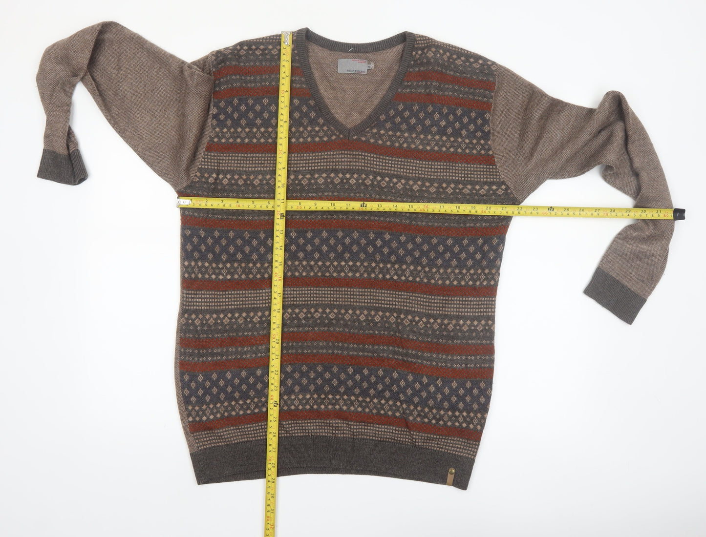 Peter England Men's Brown Fair Isle V-Neck Jumper XL