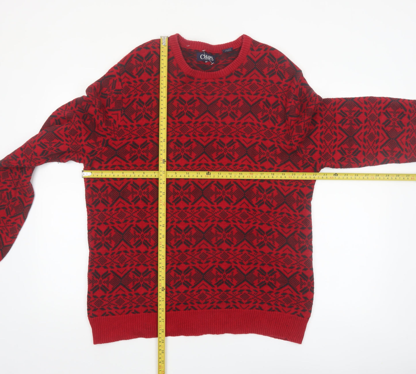 Chaps Men's Red Fair Isle Cotton Pullover Jumper Size M