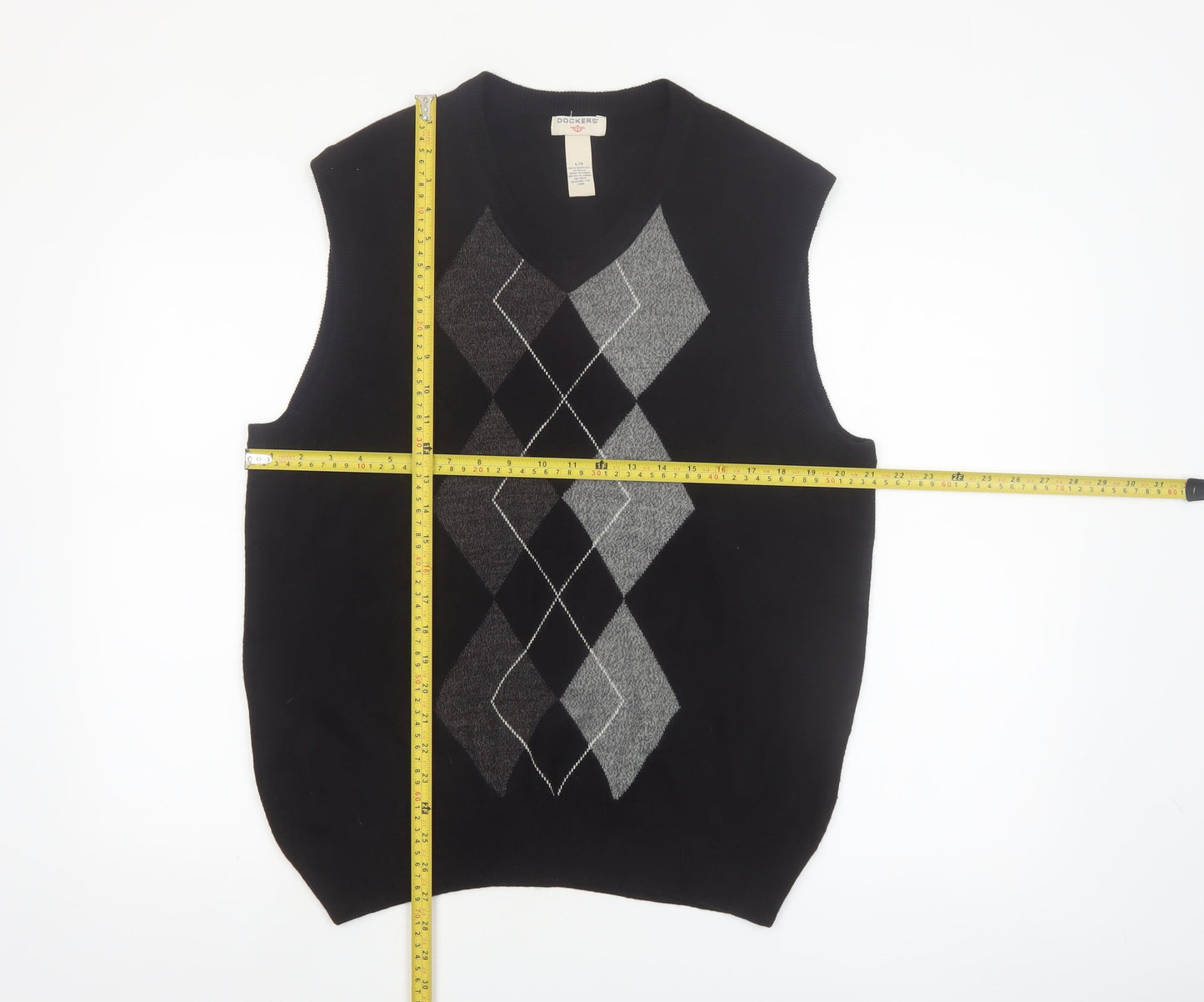Dockers Men Black Argyle Knit Acrylic Sleeveless V-Neck Jumper Vest L