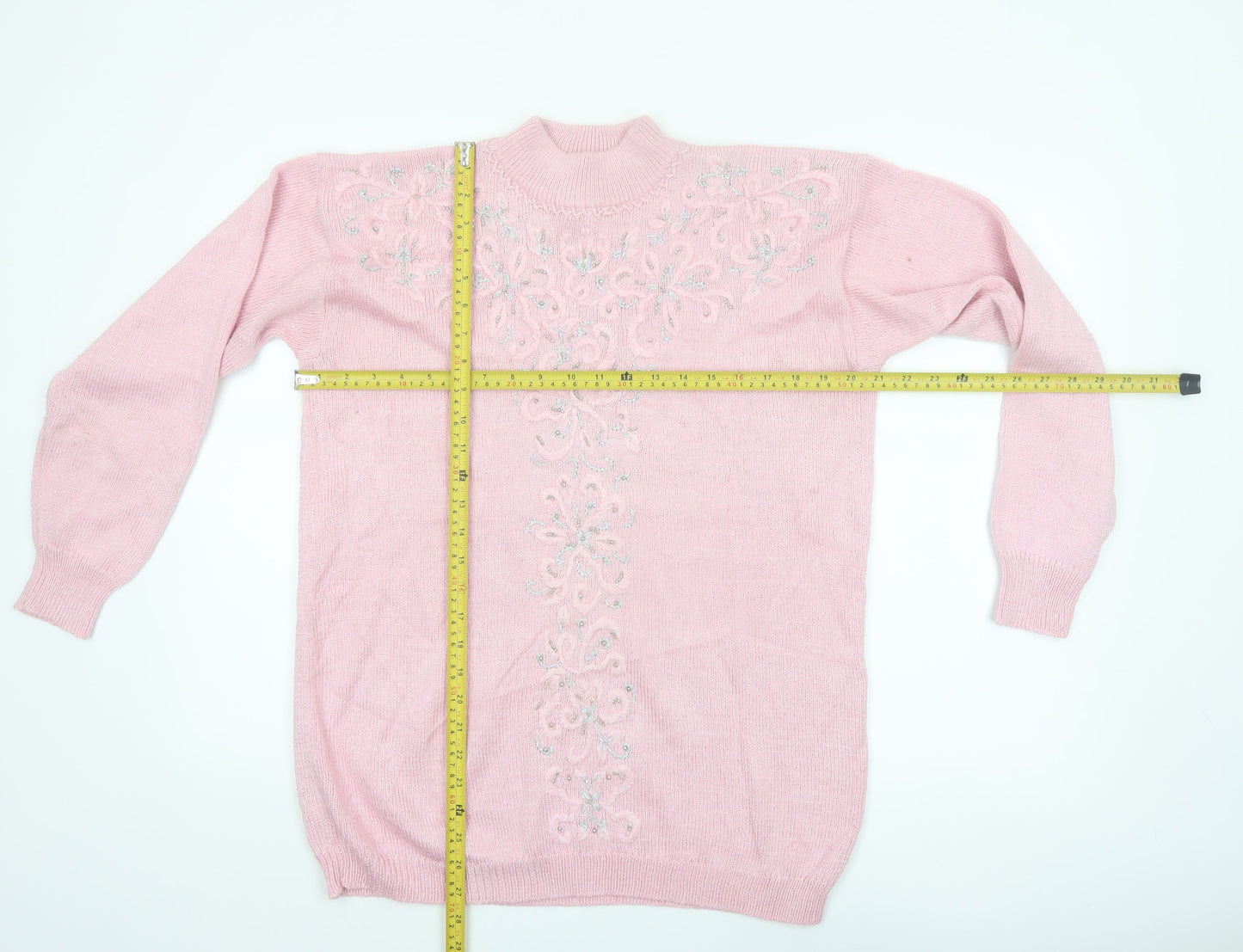 Jaclyn Smith Women's Pink Embroidered Mock Neck Knit Jumper L