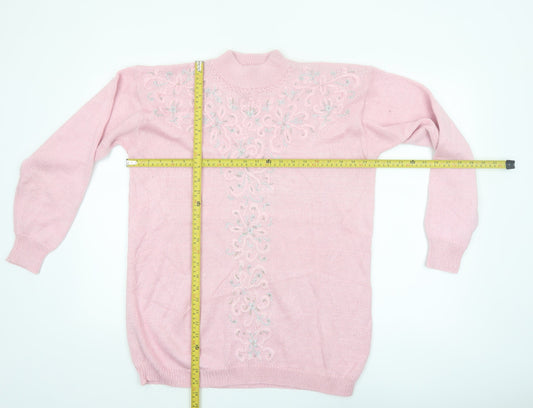 Jaclyn Smith Women's Pink Embroidered Mock Neck Knit Jumper L