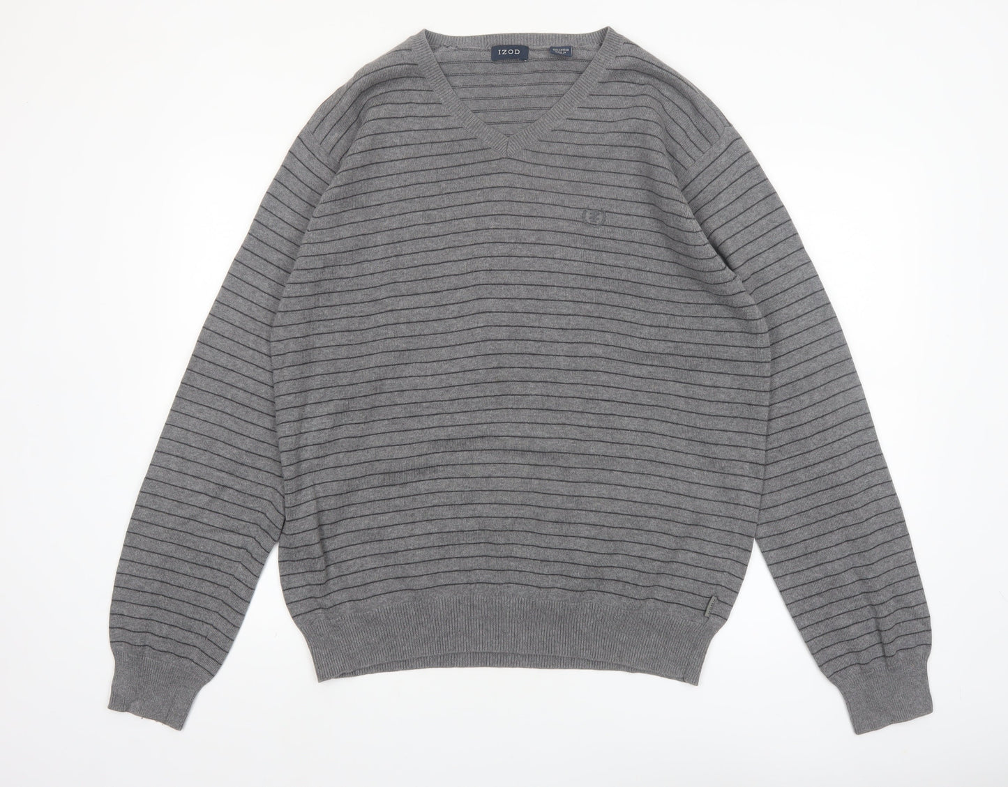 IZOD Men's Grey V-Neck Striped Cotton Jumper L