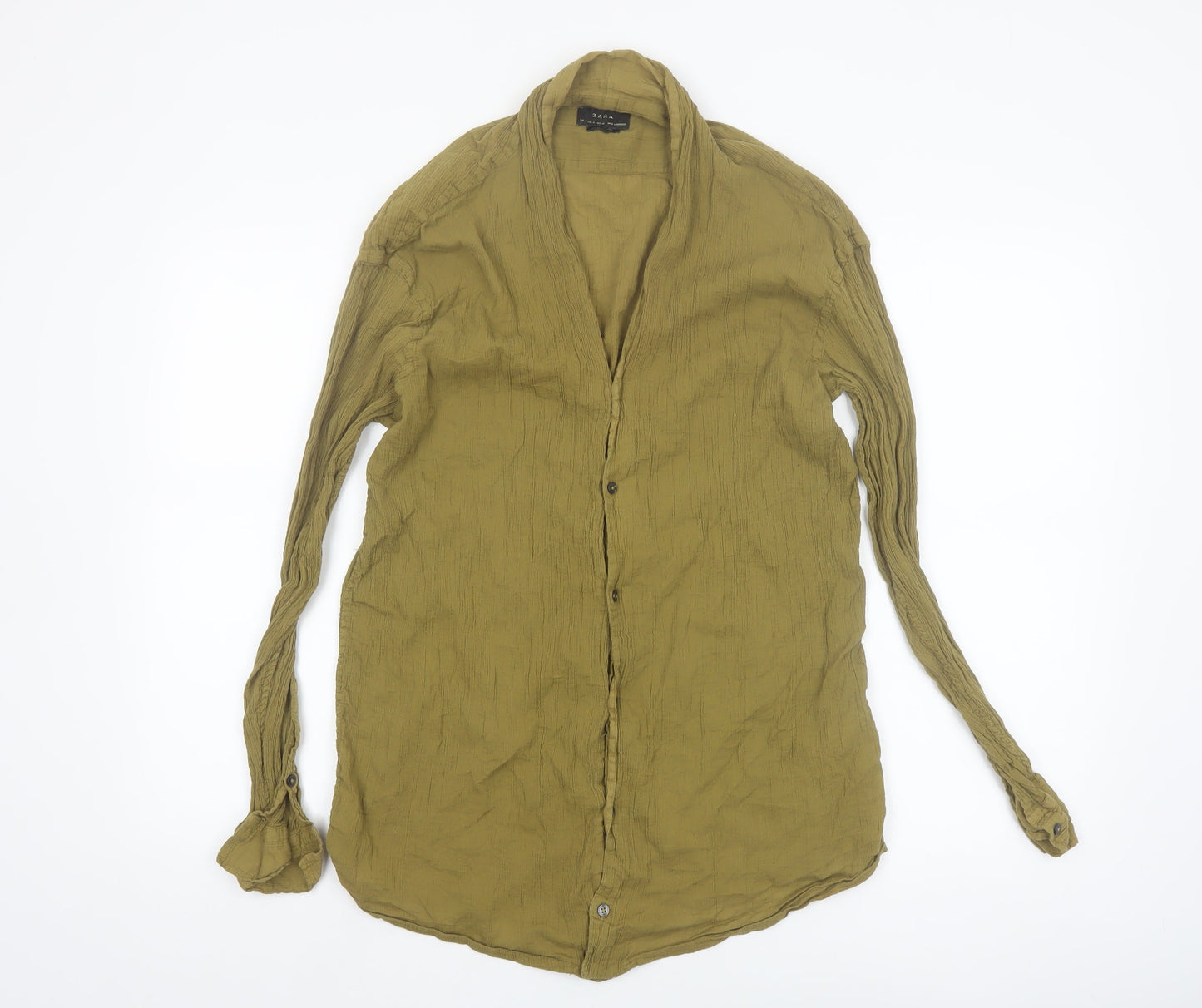 Zara Women Green Long Sleeve Button-Up 100% Cotton Shirt Size 12