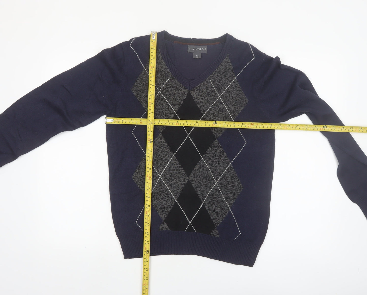 Covington Men's Blue Argyle V-Neck Cotton Blend Jumper Size S