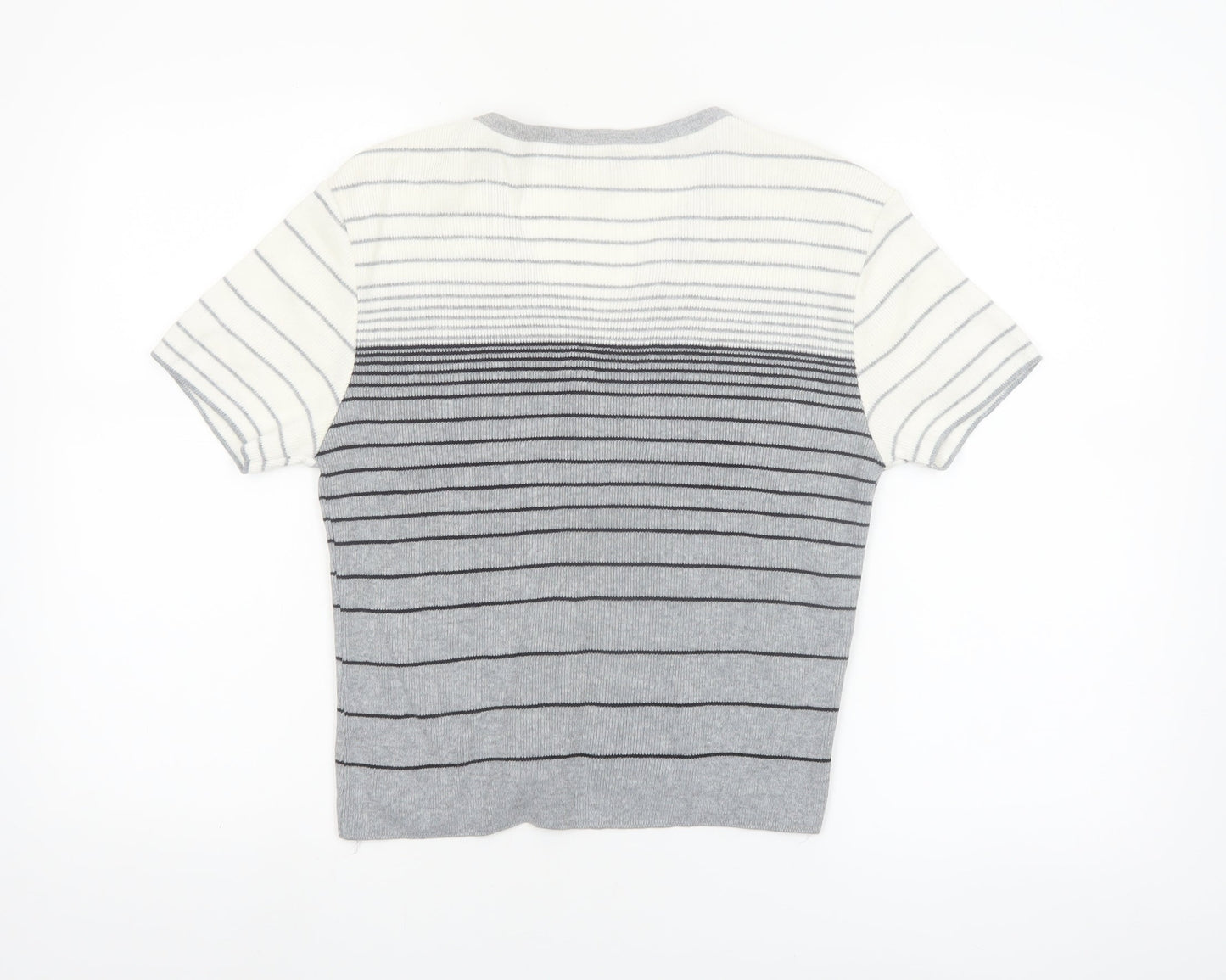 Ever Blue Women Grey White Striped Short Sleeve Cardigan M