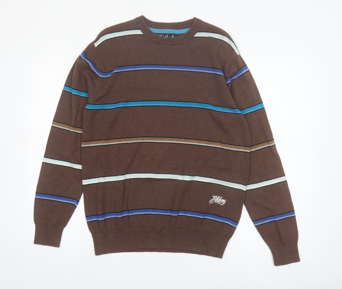 Billabong Men's Brown Striped Cotton Crew Neck Pullover Jumper Size M