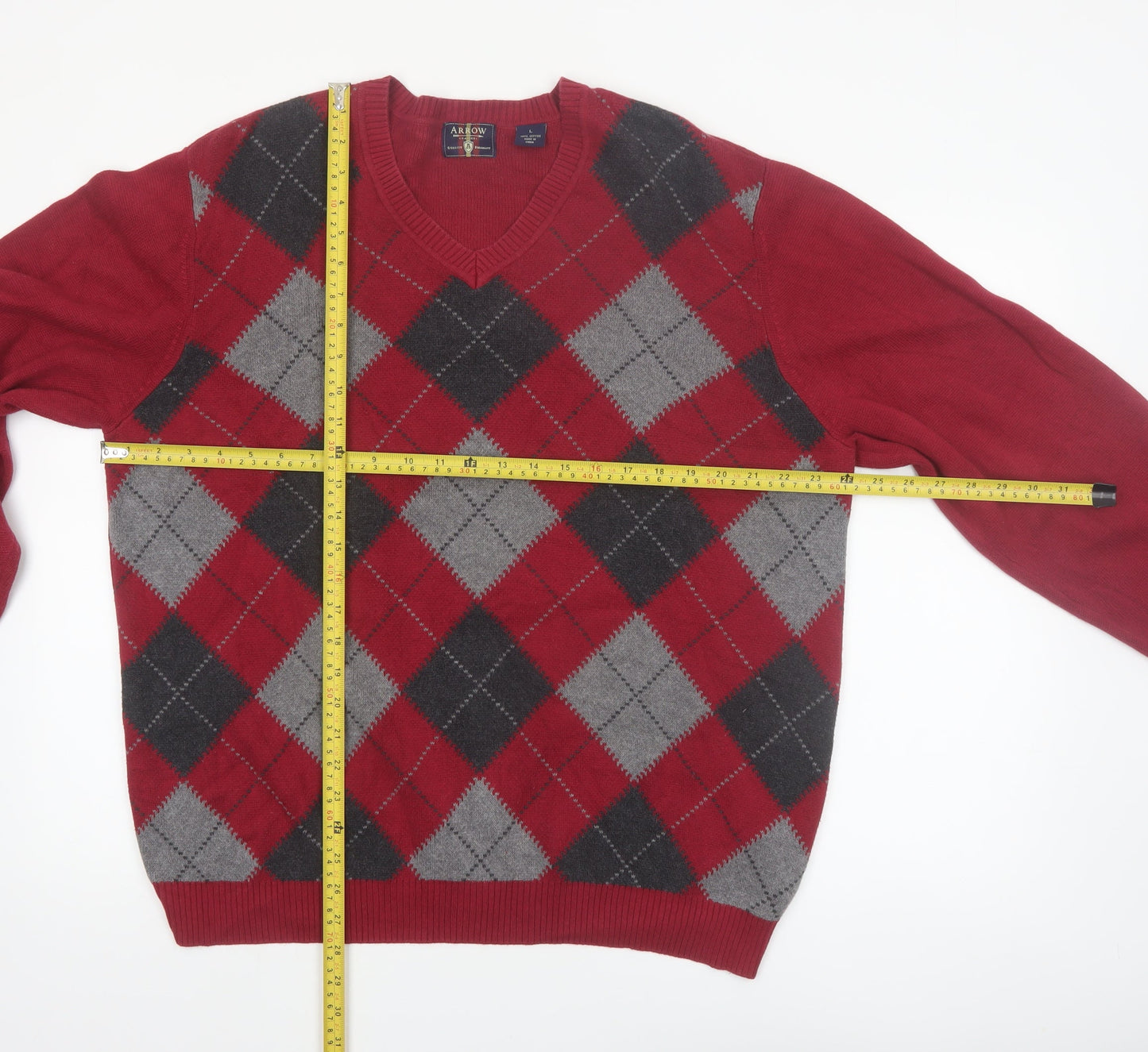 Arrow Men's Red Argyle V-Neck Cotton Knit Jumper Size L