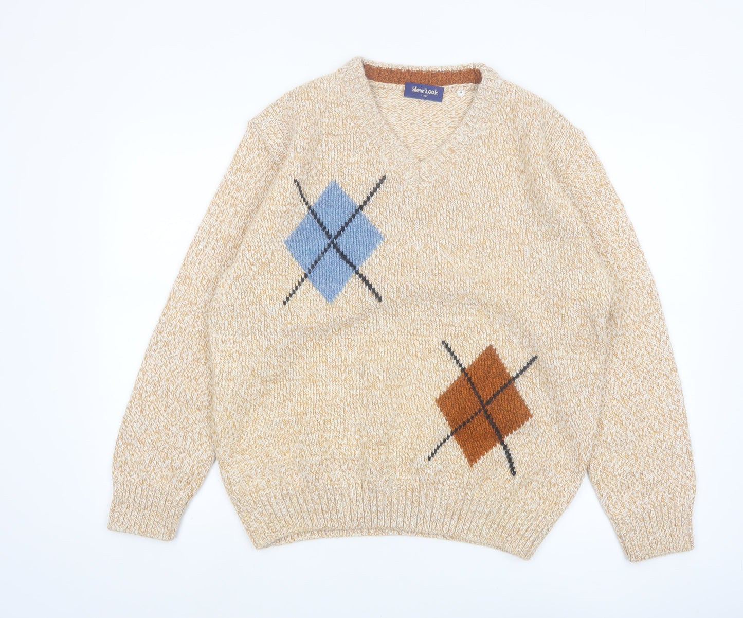 New Look Italy Men's Beige Argyle Wool Blend V-Neck Jumper M