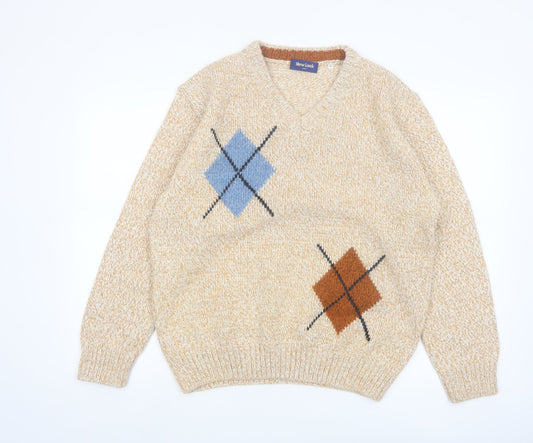 New Look Italy Men's Beige Argyle Wool Blend V-Neck Jumper M