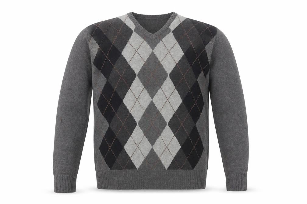 Arrow Men's Grey Argyle V-Neck Cotton Jumper Size L