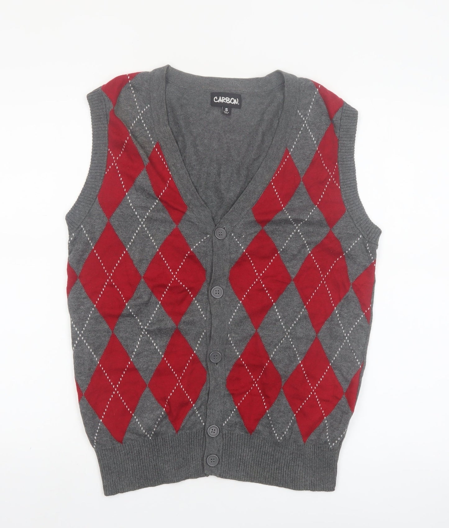 Carbon Men's Grey Red Argyle Knit Sleeveless Cardigan Vest S