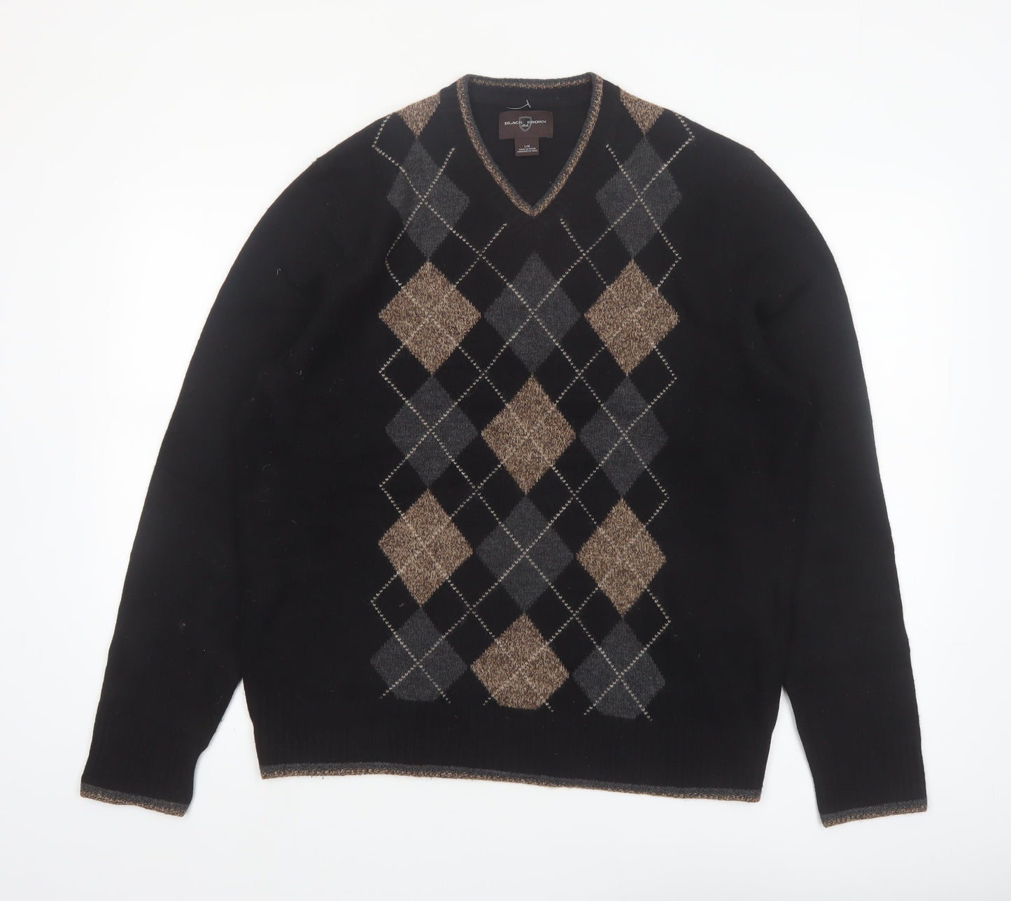 Black Brown 1826 Men's Black Argyle V-Neck Wool Jumper Size L