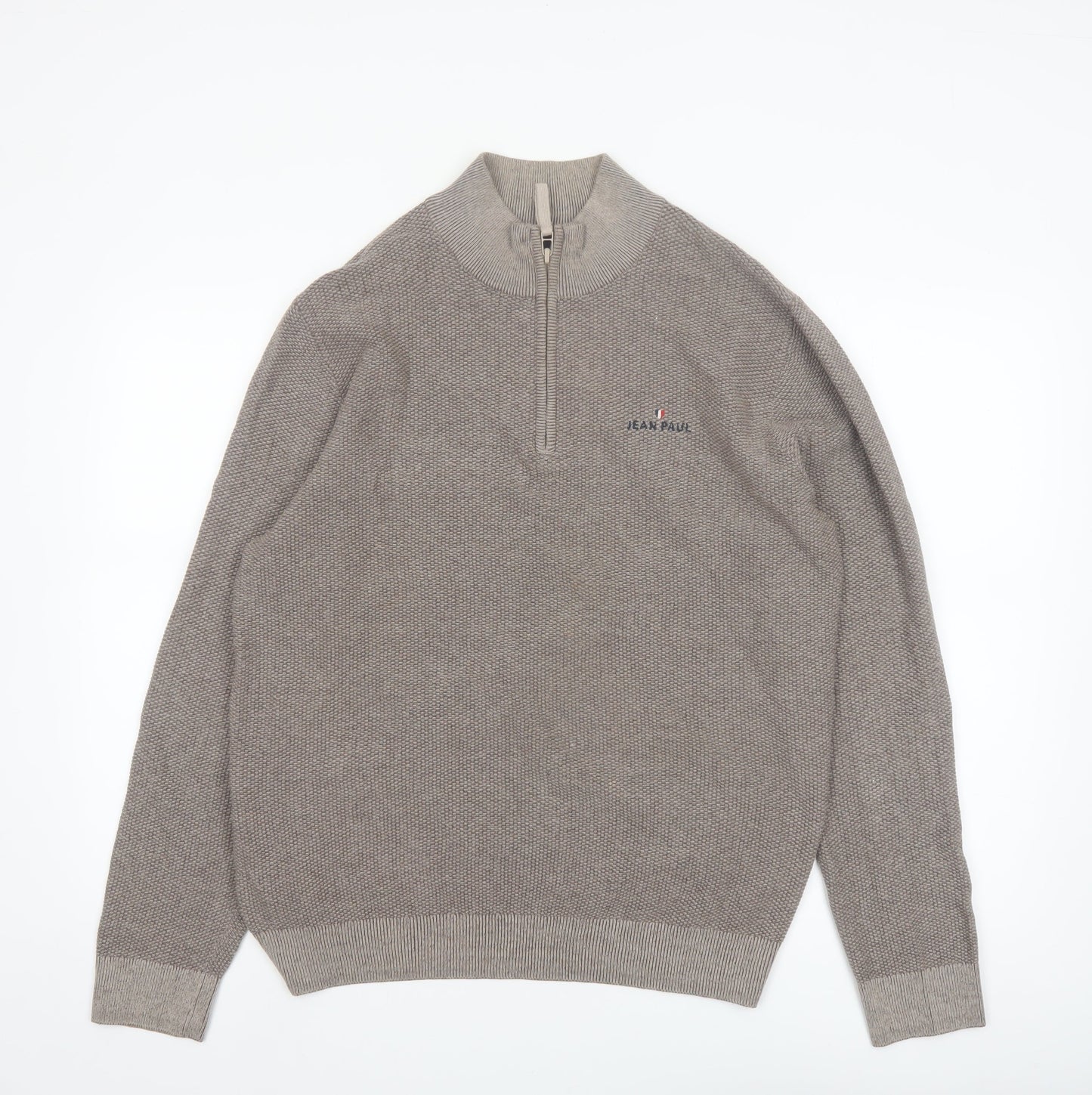 Jean Paul Men Beige L 1/2 Zip Cotton Knit Jumper