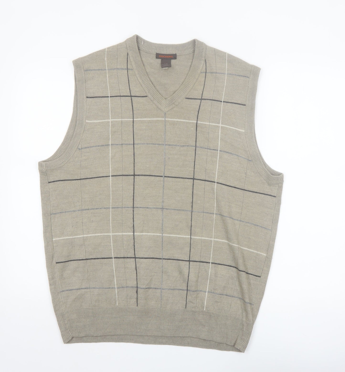 Dockers Mens Beige Check Knit Acrylic V-Neck Jumper Vest L
