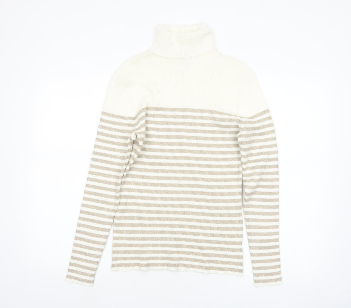 Liz Claiborne Women Beige Striped Roll Neck Jumper M Cotton Blend