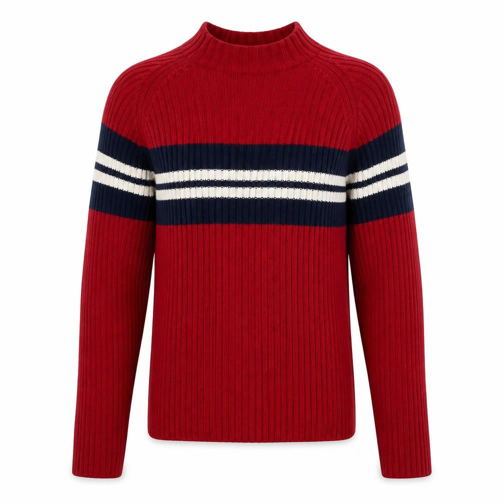 St. John's Bay Men's Red Cotton Ribbed Striped Mock Neck Jumper M
