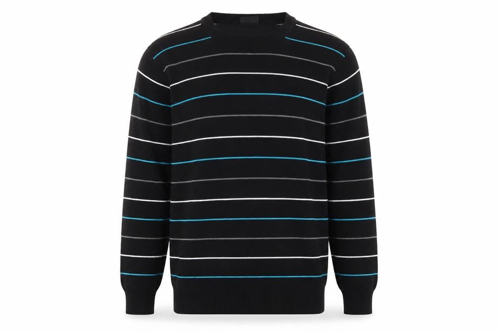 Enzo Fontana Men’s Black Striped Cotton Blend Crew Neck Jumper L