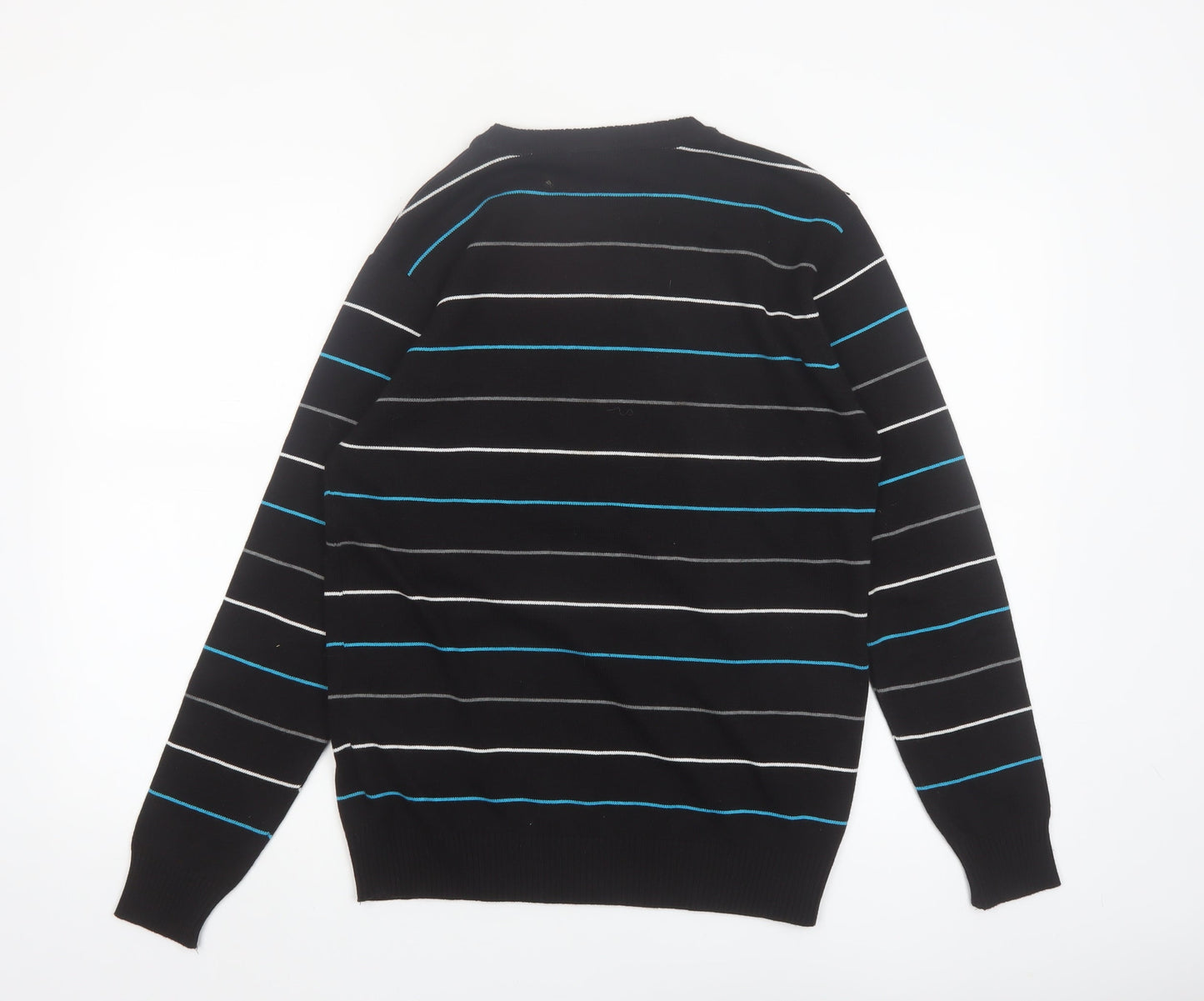 Enzo Fontana Men’s Black Striped Cotton Blend Crew Neck Jumper L