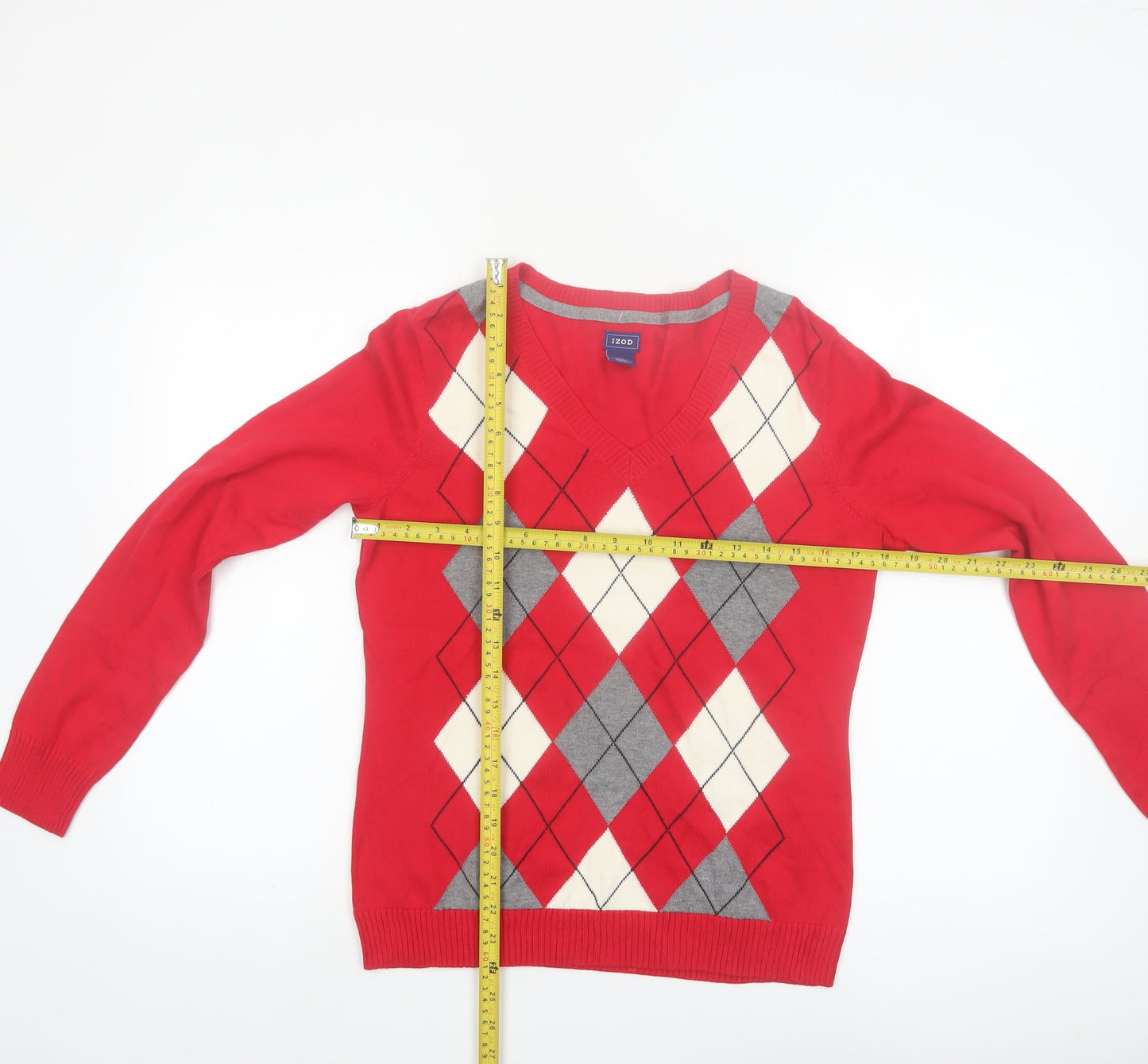 IZOD Men's Red Argyle V-Neck Cotton Jumper Size S