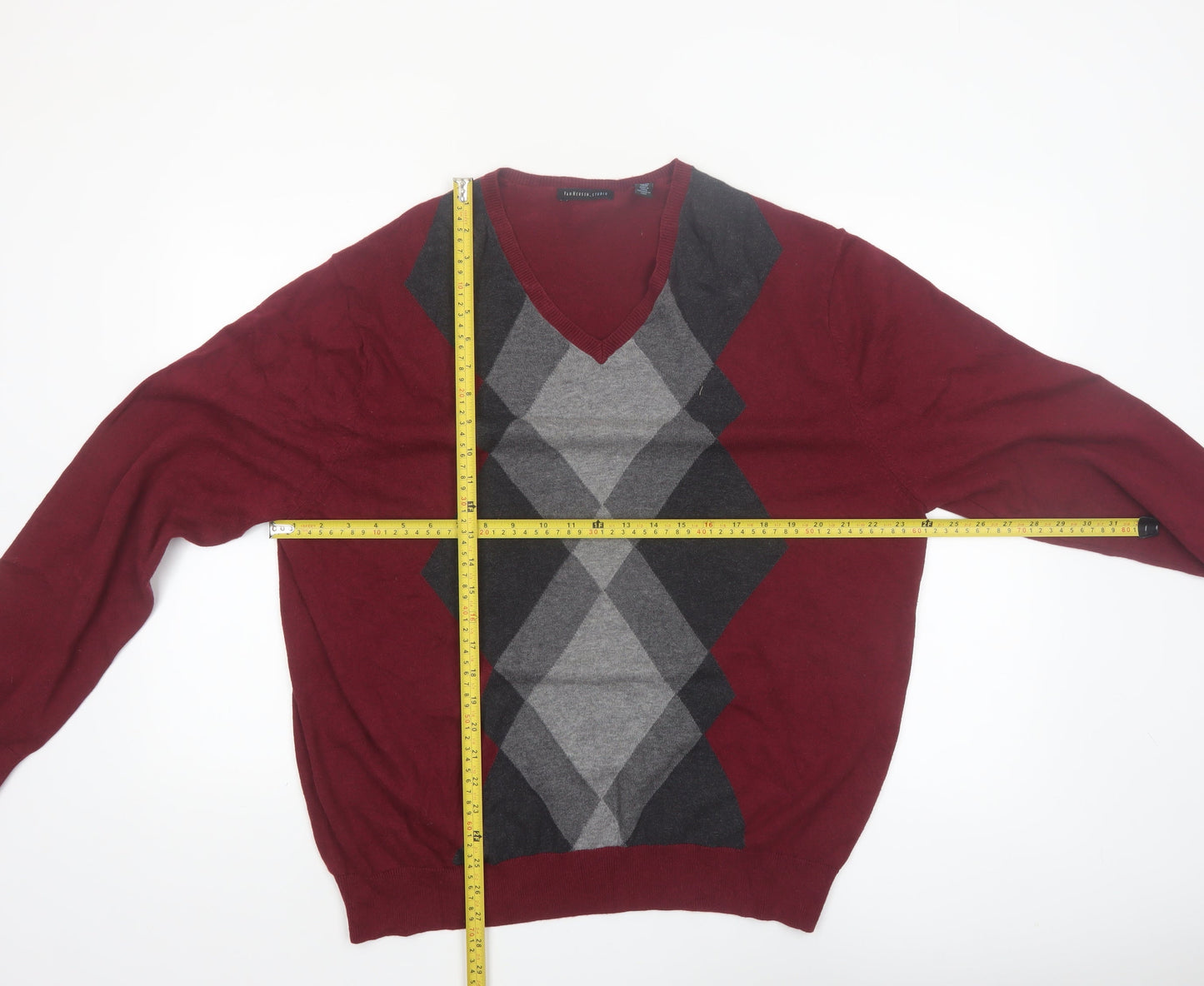 Van Heusen Studio Men's Red Argyle Cotton V-Neck Jumper XL